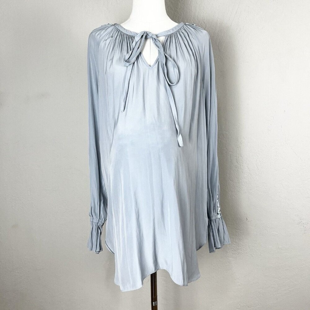 Ramy Brook Maternity Blouse Peasant Cut Out‎ Grommet Long Sleeve Pale Blue Small